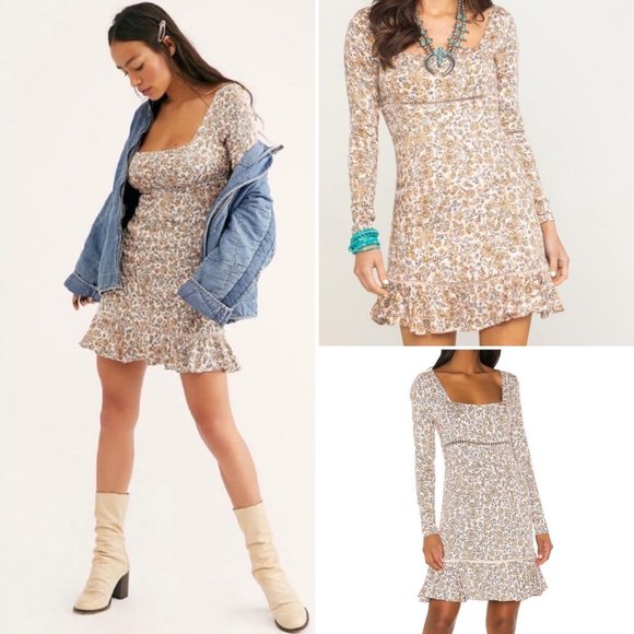 Free People Boheme Mini Dress in Ivory Floral Long Sleeved Open Back Size 10 New - Picture 7 of 12